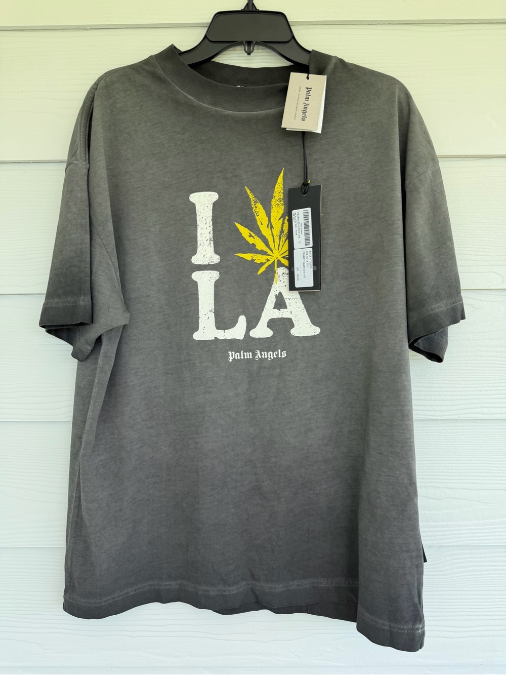 Palm Angels Gray Short-Sleeve I LA Graphic Tee with Yellow Leaf